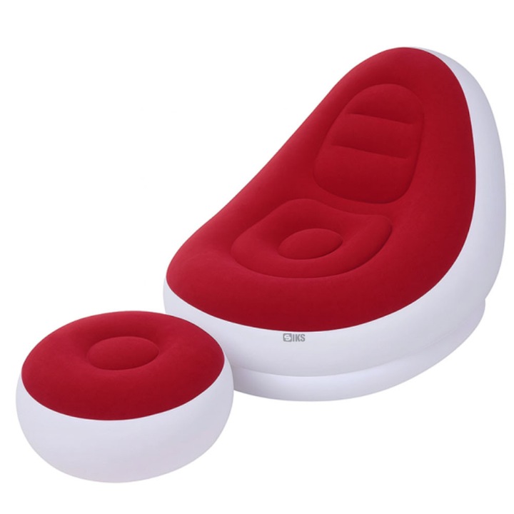 SIKS Felfújható Fotel Szett Lábtartóval, Bársonyos Külső, PVC-ből Készült, Fotel Méretei 116x98x83cm, Lábtartó 62x62x31cm, Vízálló, Beltéri Vagy Kültéri Pihenéshez, Pumpával Együtt, Fehér/Piros