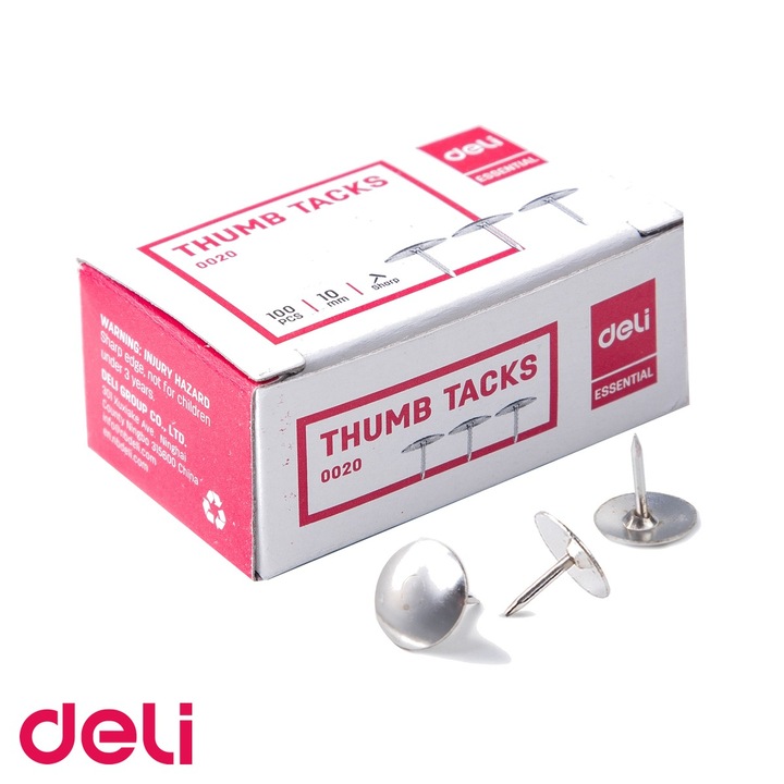 Pioneze metalice Deli, cap inox 10 mm, cutie 100 bucati, pentru panouri si aviziere