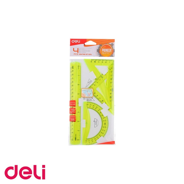 Set geometrie deli 4 piese color fluorescent, rigla, echere si raportor, pentru scoala