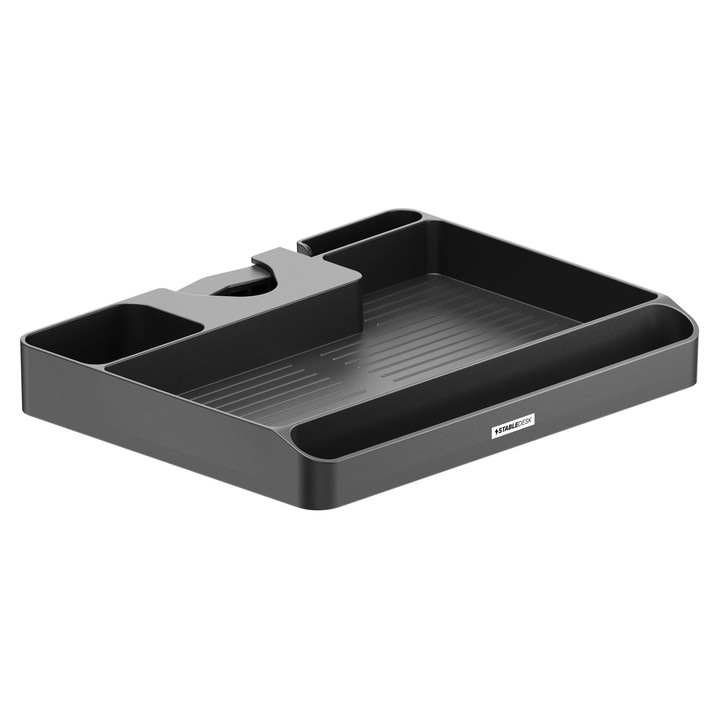 Raft Organizator pentru Stalp Suport Monitor/TV, StableDesk®, Compatibil cu Coloane Φ30-48 mm, Suport Telefon, Organizator Cabluri, Pixuri, Chei Imbus si Alte Accesorii - Negru