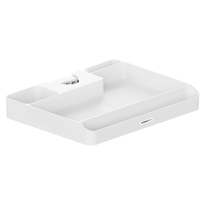Raft Organizator pentru Stalp Suport Monitor/TV, StableDesk®, Compatibil cu Coloane Φ30-48 mm, Suport Telefon, Organizator Cabluri, Pixuri, Chei Imbus si Alte Accesorii - Alb