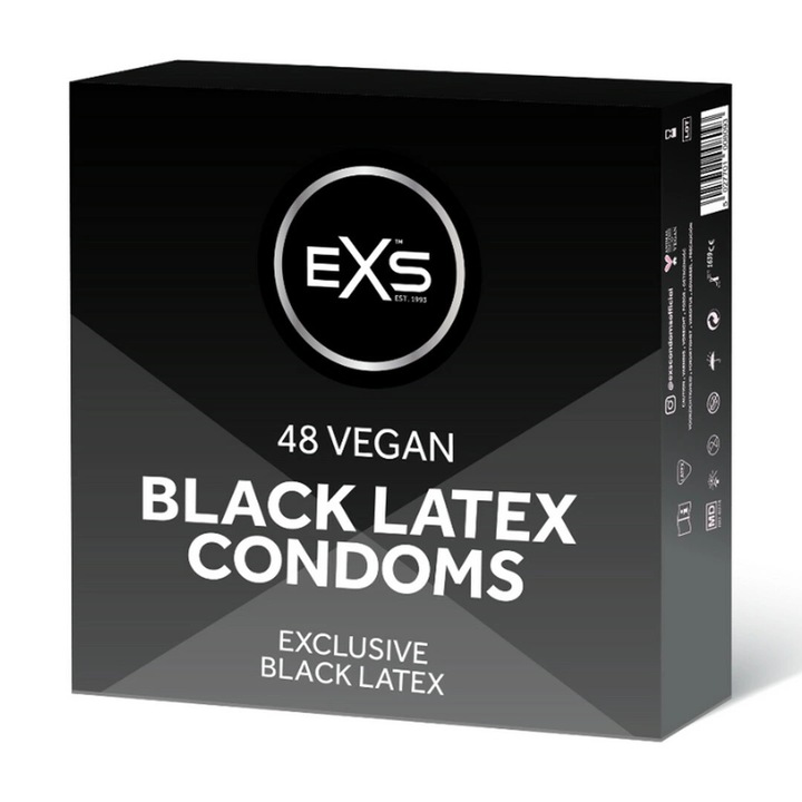 EXS Black Latex óvszer, anatómiai, szilikon, fekete, 190x54mm, 48 db