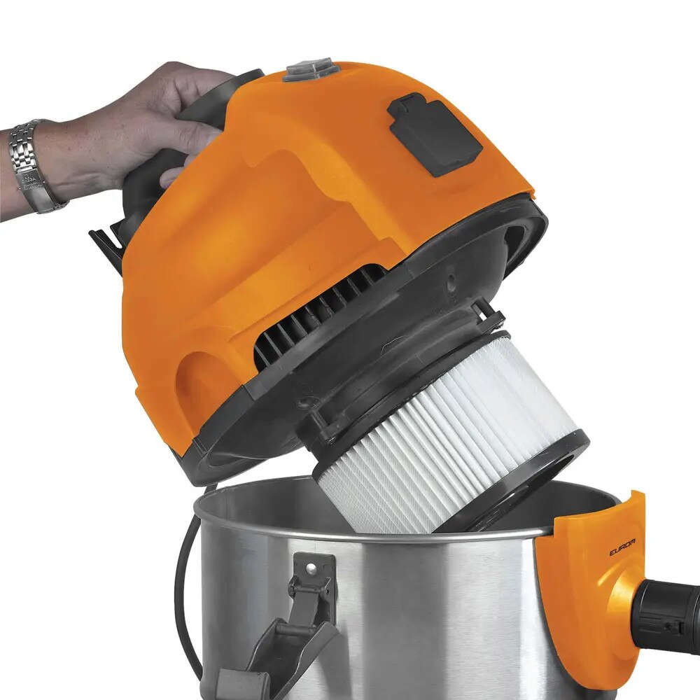 Aspirator umed-uscat Eurom, Force 1420S, capacitate reziduala 20 litri, 1400 W, priza integrata pentru unelte electrice, filtru HEPA detasabil si lavabil, lungime cablu 7 m, portocaliu