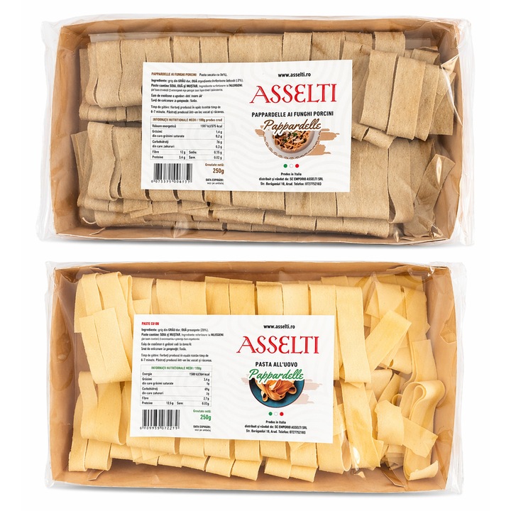 Set ASSELTI® Origine Italia – 2 x Pappardelle 250g (ou + ciuperci porcini), paste artizanale din grau dur, calitate premium