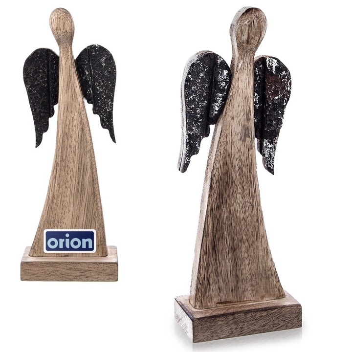 Figurina Decorativa, Orion, Inger Mango Cu Aripi Argintii, 12.5x6.5x31 cm, Natur/Argintiu, Lemn De Mango, Element De Decor Rafinat Cu Baza Solida, Perfect Pentru Craciun Living Sau Cadou Special De Botez, Stil Scandinav, Detalii Premium Lucrate Manual