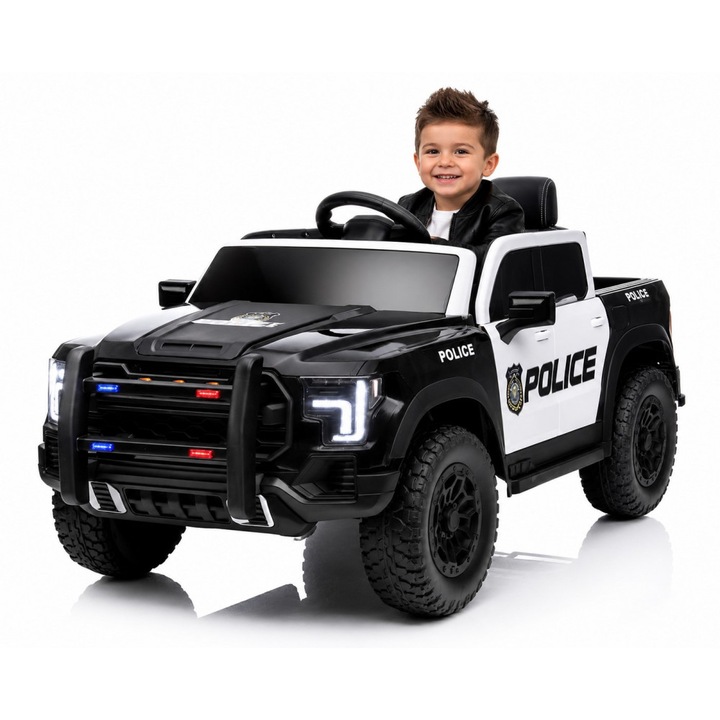 Masinuta electrica pentru copii Police P5, 4 motoare de 45W, acumulator 12V7Ah, telecomanda 2.4G, scaun din piele, roti EVA, lumini LED frontale, bluetooth, USB, card micro SD, intrare MP3