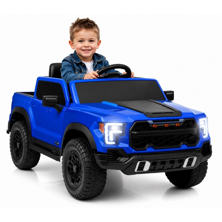 Masinuta electrica pentru copii P4 Blue, acumulator 12V7Ah, tractiune integrala 4 x 45W, roti EVA, scaun piele, lumini LED, MP3, dimensiune 119 x 68 x 58 cm