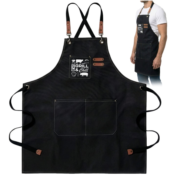 Престилка за кухня и барбекю EVI GRILL&Chill Pocket Line, Водоустойчива, Памучен канвас, Система с кръстосани презрамки без натиск върху врата, 3 джоба, Унисекс, Черна