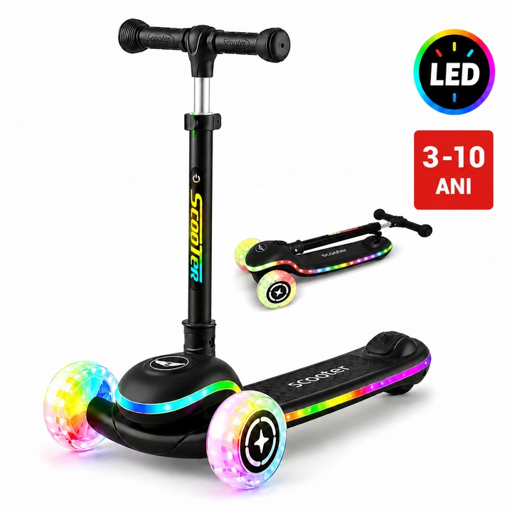Trotineta Premium 3 Roti Copii Invincio® Happy, Sistem de Iluminat LED Multi-Color, Roti Silentioase cu Rulmenti ABEC-7, Ghidon Reglabil, Design Ergonomic, 3-10 Ani, Negru Carbon
