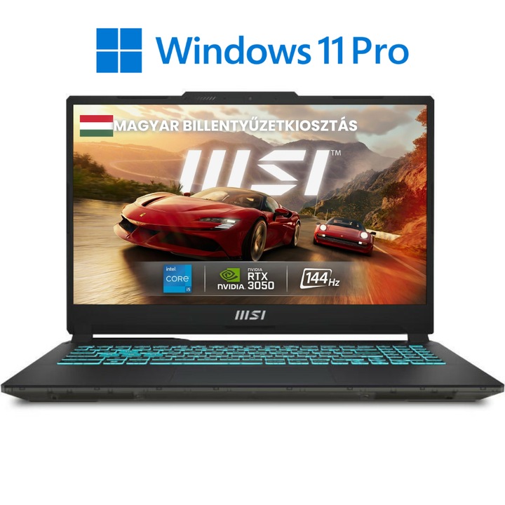 MSI Cyborg 15 Gamer Laptop, Intel Core i5 13420H, 16GB DDR5 Memória, 512GB SSD, 15.6" FullHD, 144Hz Kijelző, Nvidia RTX 3050, Magyar billentyűzet, Fekete, Vírusírtó, Böngésző, Windows 11 Pro