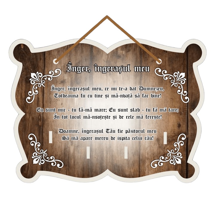 Suport de Chei Decorativ din MDF, Gravat cu Rugaciunea „Inger, Ingerasul meu”, 4 Agatatori, 16.6 x 23.2 cm