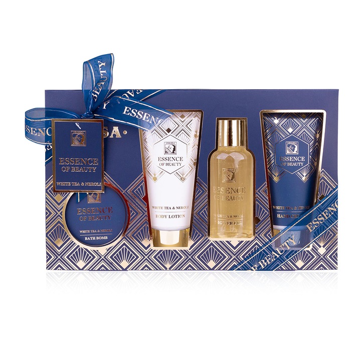 Set cadou cosmetice Essence of Beauty – Gel Dus, Lotiune Corp, Crema Maini si Bombe de Baie in Cutie Cadou