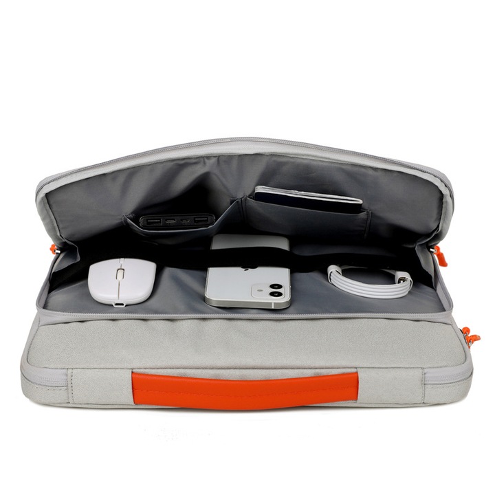 Geanta laptop 16 inch, material jacquard impermeabil, gri deschis, 38x27cm