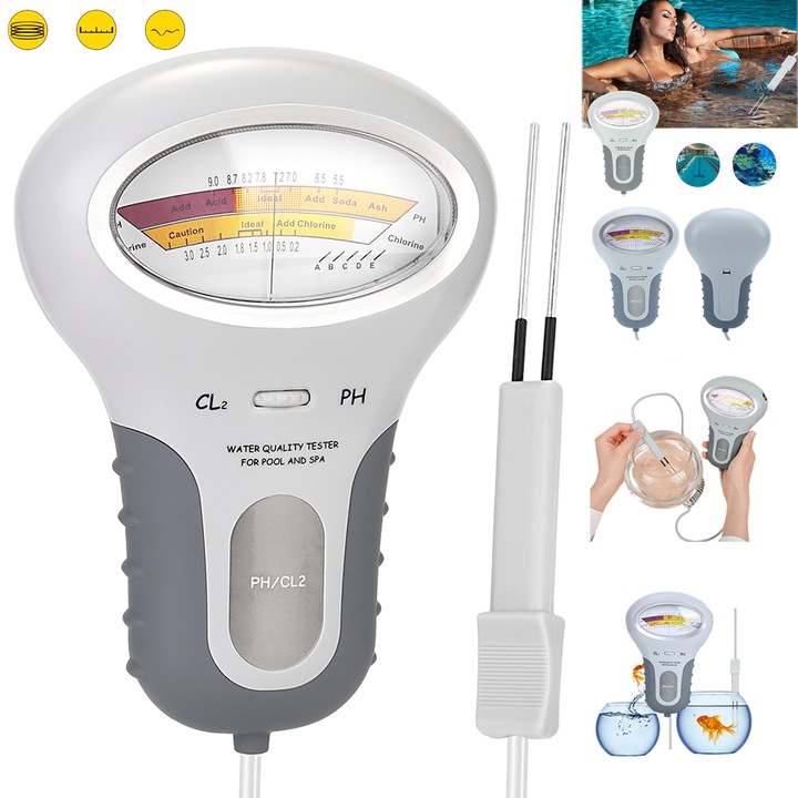 Tester de calitate a apei, 2 in 1 pentru Piscine, Masurare pH si Clor.Citiri rapide si precise, Ecran cu Scala Clara, practic si portabil.Folosit pentru monitorizarea de rutina a calitatii apei din piscine, spa-uri si alte surse de apa.190x120mm, Alb