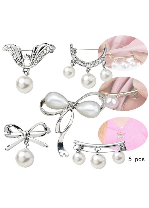 Set de 5 brose cu funda de perla argintie, ace de siguranta decorative pentru camasi cu decolteu in V, rochii si haine de exterior, accesorii de modestie anti-deschidere