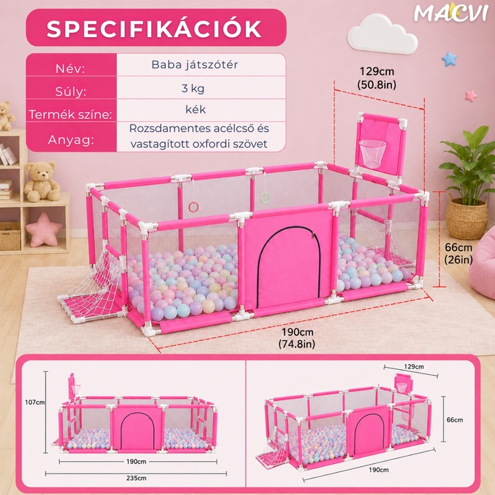 Macvi® gyermek járóka 100 labdával, biztonsági kerítés, 6 hónap - 6 év, 190x129x66 cm, könnyen összeszerelhető, rozsdamentes acél, rózsaszín
