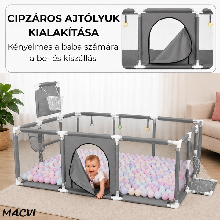 Macvi® gyermek járóka 100 labdával, biztonsági kerítés, 6 hónap - 6 év, 190x129x66 cm, könnyen összeszerelhető, rozsdamentes acél, szürke