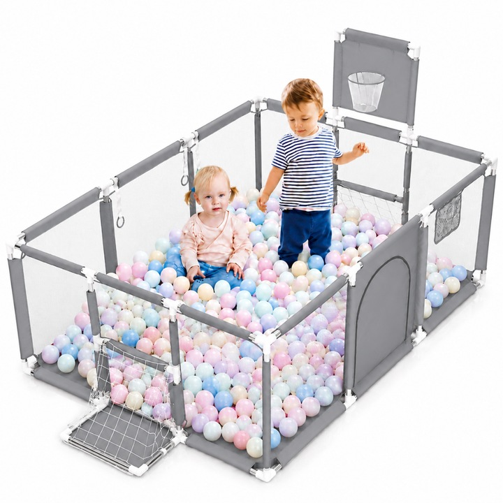 Детска кошара Macvi® 100 топки включени, предпазна ограда, 6 месеца - 6 години, 190x129x66 см, лесен за сглобяване, неръждаема стомана, сив