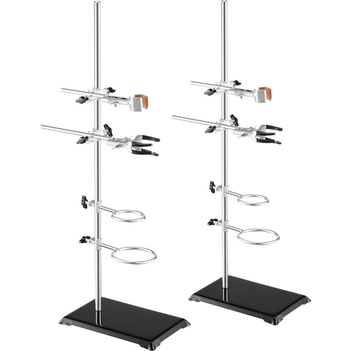Suport pentru stativ de laborator, Suport stativ de retorta de laborator 2 seturi, Stativ de laborator din otel cu tija de 23.6" si baza din fonta de 8.3" x 5.3", Include cleme pentru baloane, cleme pentru biurete si cleme transversale