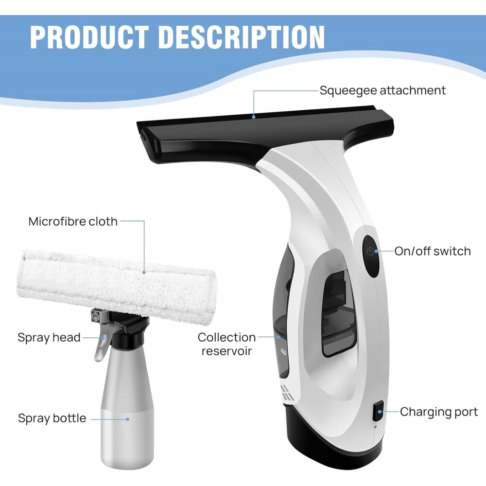 Aspirator electric pentru geamuri cu duza de aspiratie si pulverizator, alb