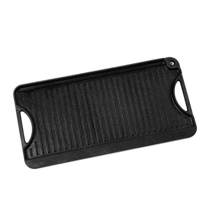 VEVOR reverzibilis grill/sütőlap, előkezelt öntöttvas, fekete, 20x10 hüvelyk