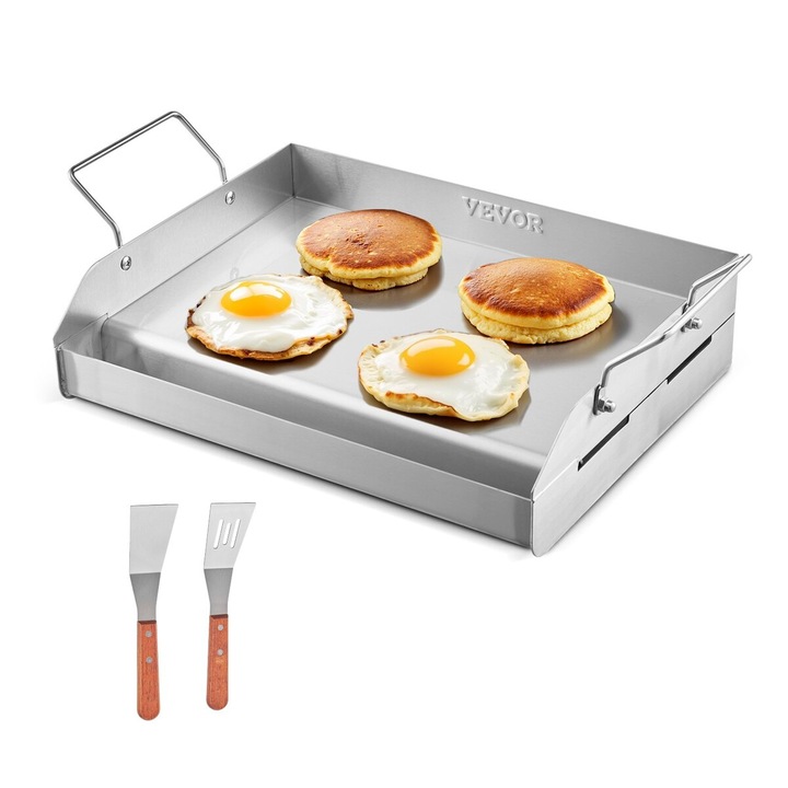 VEVOR HH-SP010 rozsdamentes acél grilllap (griddle), téglalap alakú, 17x13 hüvelyk (43x33 cm), univerzális grillhez és kempingezéshez, fogantyúval, 260°C-ig hőálló, könnyen tisztítható, acél színű, 1 db