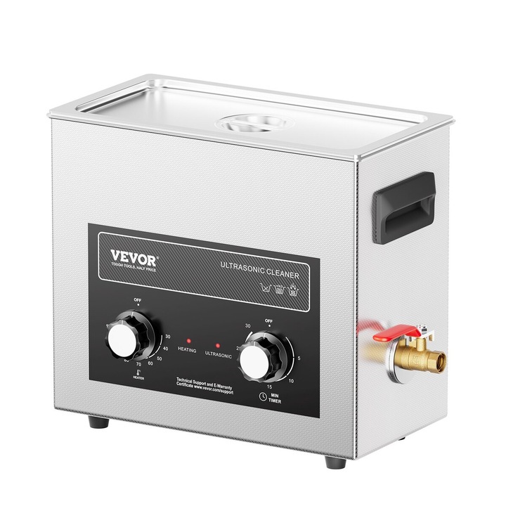 VEVOR TH-30AXN 6L 180W rozsdamentes acél ultrahangos tisztító 325x177x290mm