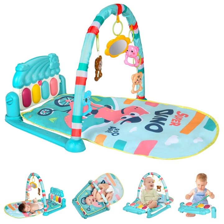 Centru de activitati bebe AOMIG, Saltea de joaca cu pian muzical si lumini, 5 jucarii suspendate, Dezvoltare senzoriala, Model Dinozaur, Material textil, culoare Multicolor