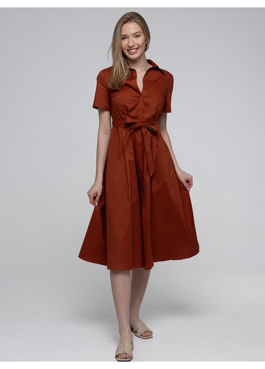 Rochie camasa midi, Perso, bumbac cu elastan, maneca scurta, culoare cafea