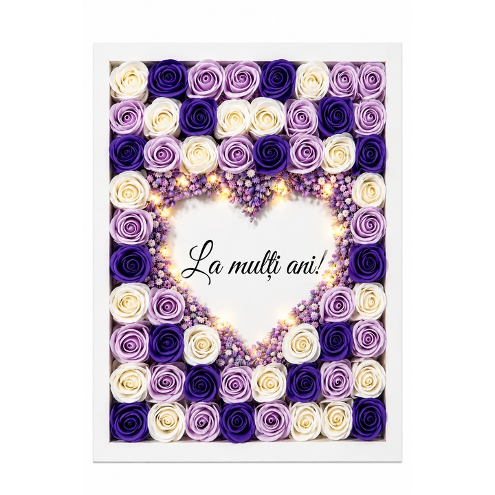 Aranjament floral tip tablou cu trandafiri decorativi si lumina LED