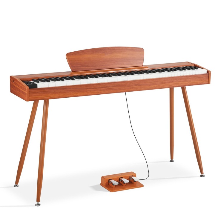 Pian digital VEVOR 88 clape complet ponderate, 280 tonuri, maro lemn, cu suport partituri, pedala tripla, 140x40x12cm