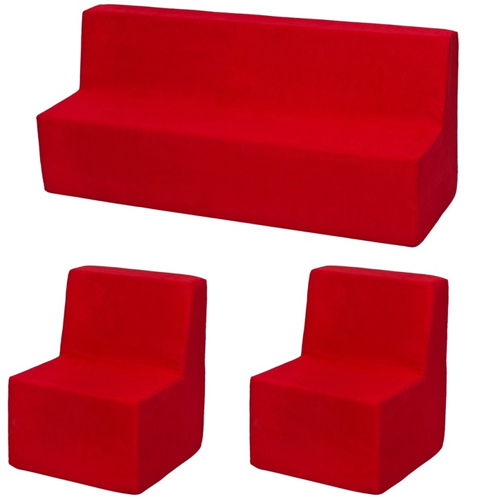 Set mobilier copii Velinda, 2 fotolii, canapea, rosu, 50x40x40cm si 50x120x40cm