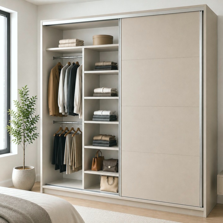 Dulap Dressing L240 x H240 cm Lara, Cashmere, usi glisante, 4 compartimente, 12 polite, 4 bare haine, PAL 18mm, sistem Hafele