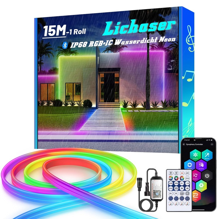 Banda LED Neon RGB+IC Lichaser, 15 m, Bluetooth, Control prin aplicatie si telecomanda, IP68, Silicon flexibil, culoare Multicolor