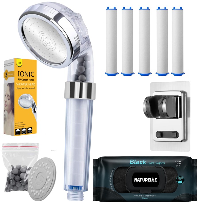 Cap de Dus cu Filtru INNOVIO, 3 Functii, 5 Filtre de Rezerva Incluse, Granule Minerale Active si Ioni Negativi, Presiune Inalta, Economisire Apa, Suport Adeziv si Servetele Cadou