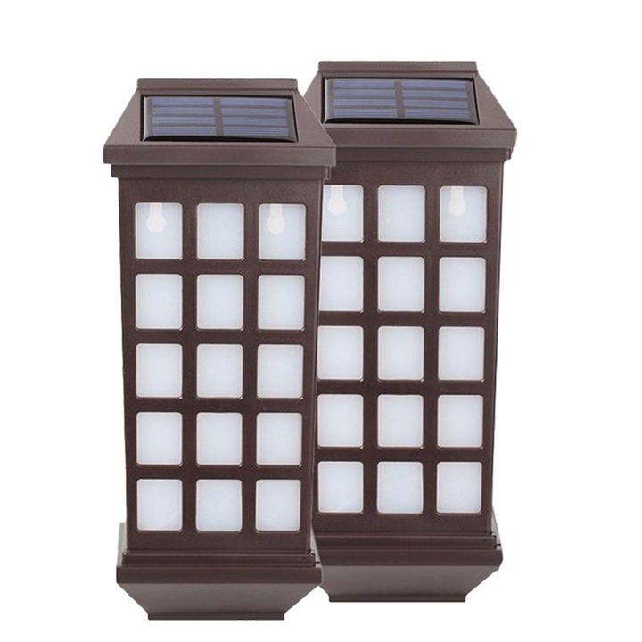 LED соларна лампа тип фенер за стена, Комплект от 2 броя, 23 x 9 см, 1.2V, ABS, 600mAh, Водоустойчива, Тип светлина топло бяла, Кафяв, Damur