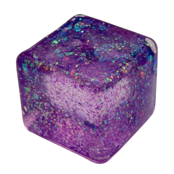 Cub Fidget Squishy 3D, Flippy, Model Ice Cube, din Maltoza cu Sclipici, Jucarie Senzoriala pentru Copii si Adulti, Comprimabil cu Revenire Lenta, 5 x 5 cm, 145 gr, Mov