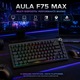 Безжична механична гейминг клавиатура AULA F75 MAX, черна, страничен печат, линейни суичове Seiya, 75%, 80 клавиша, трирежимен Bluetooth/2.4GHz/USB-C, RGB, hot-swap, TFT екран, метален бутон, gasket, 4000mAh
