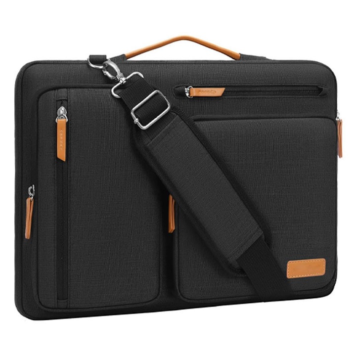 Geanta laptop portabila, 15-15.6 inchi, Compatibil cu laptopurile MacBook Pro de 16 inci, HP, Dell, Lenovo si Asus, Geanta tip curier cu deschidere laterala, Prevazuta cu 4 buzunare cu fermoar, Negru