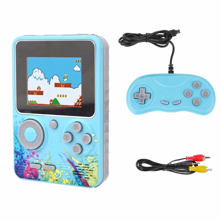 Consola Jocuri Retro Portabila G5, 500 in 1 Jocuri Video Clasice cu Controller 2 Jucatori, Arcade Portabil Albastru cu Iesire TV AV pentru Copii si Adulti