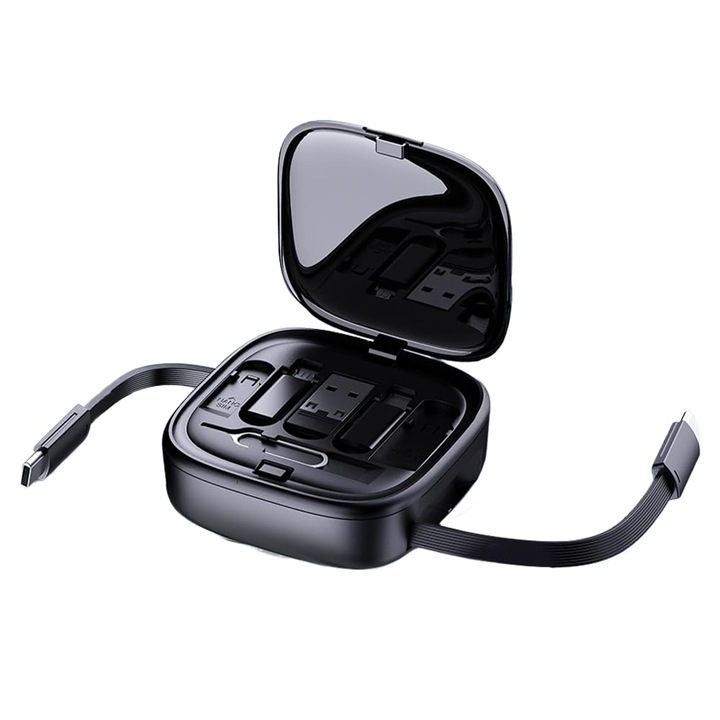 3 az 1-ben visszahúzható töltőkábel szett, gyors töltés Type-C 60W, Micro USB adapter, multifunkcionális tárolódoboz, kompatibilis telefontartóval, asztali és laptop használatra, fekete