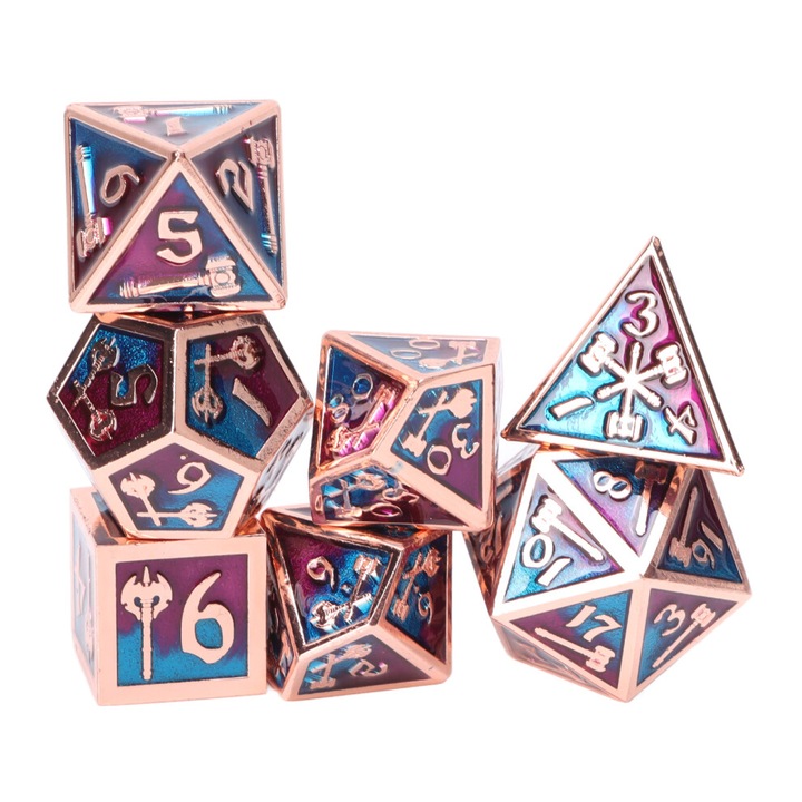 Set 7 zaruri metalice poliedrice pentru jocuri de masa, argintiu