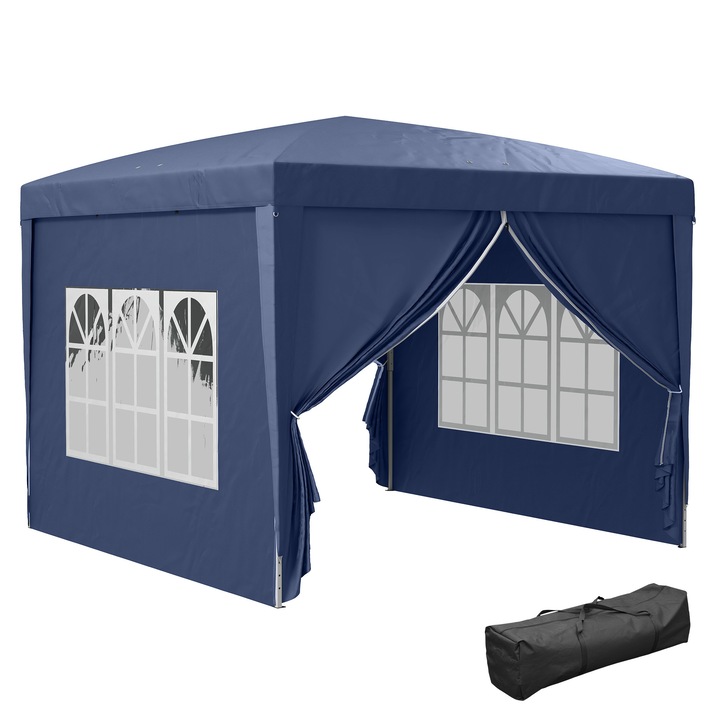 Pavilion gradina pliabil 2.95x2.95x2.58 m albastru cu panouri laterale si ferestre