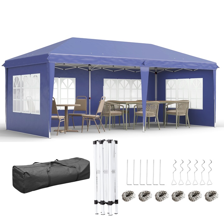 Pavilion gradina pliabil 3x6m albastru cu 3 laterale detasabile si ferestre transparente