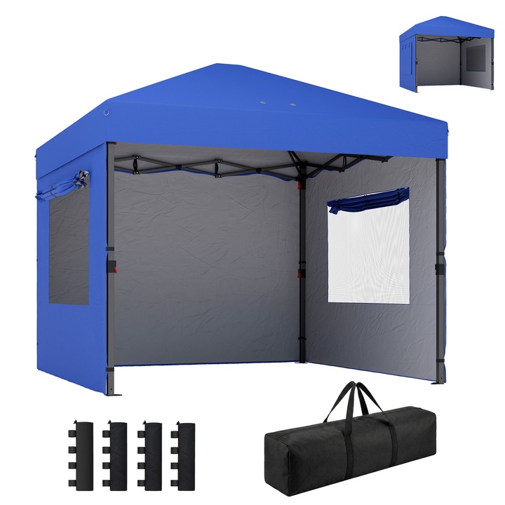 Pavilion pliabil 3x3m, albastru, cu 3 pereti si ferestre, reglabil pe inaltime, protectie UV50+