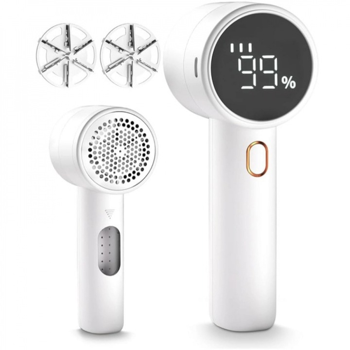 Aparat de ras textil portabil, 6 lame, 3 viteze, afisaj LED, alb