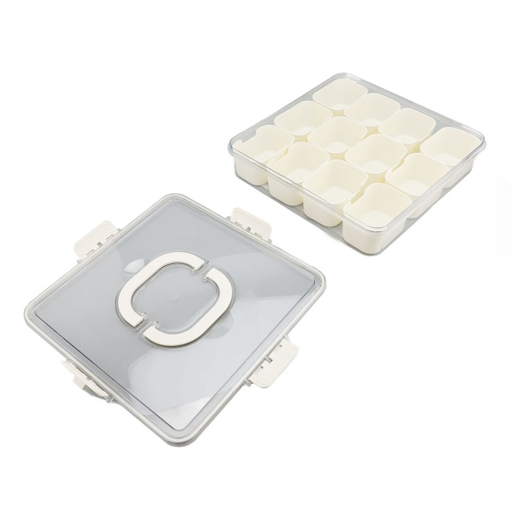 Tava servire compartimentata 12 sectiuni cu capac si maner, plastic, transparent, 35x25cm