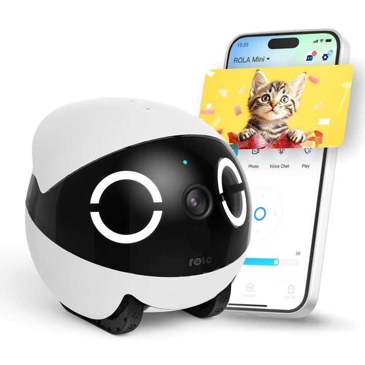 Enabot EBO ROLA Mini FamilyBot 2K Робот с камера за домашни любимци: Мобилна вътрешна камера, захранвана с батерии, с приложение за телефон, обаждане с едно докосване, двупосочен разговор, нощно виждане, засичане на движение, запис