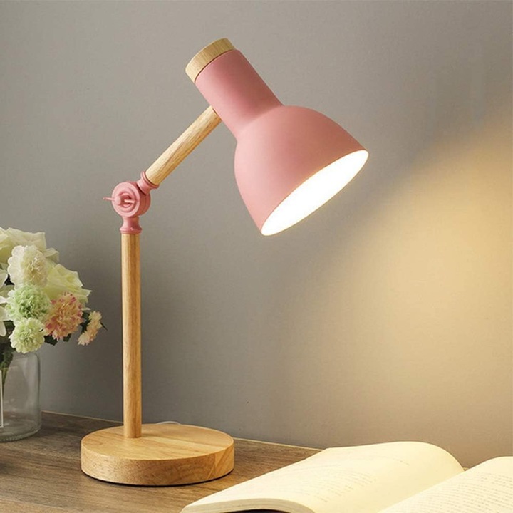 Lampa de masa nordica, lampa de noptiera pentru dormitor, lampa de citit cu protectie pentru ochi pentru copii, lampa de birou reglabila, lumina de noapte LED E27 pentru studiu (roz)