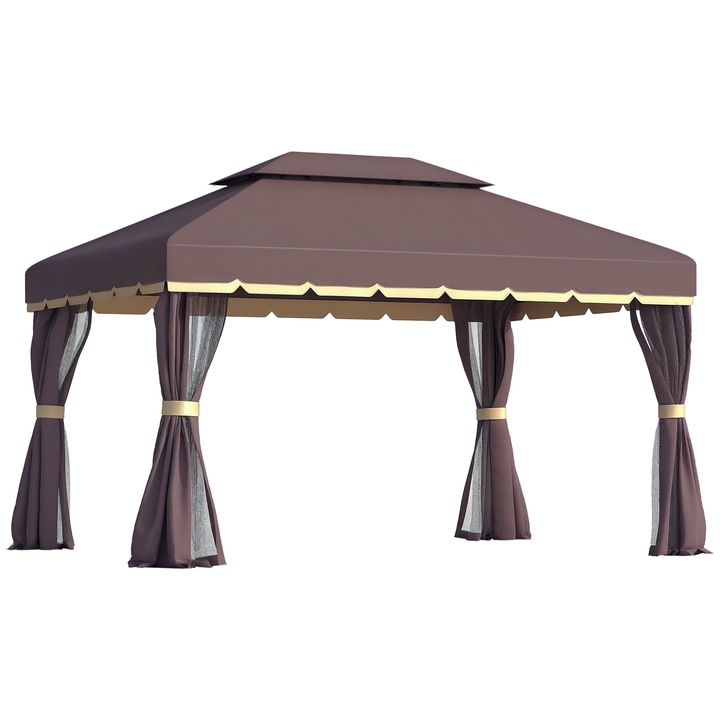 Pavilion gradina 3x4m aluminiu, dublu acoperis, plasa anti-insecte, maro cafea